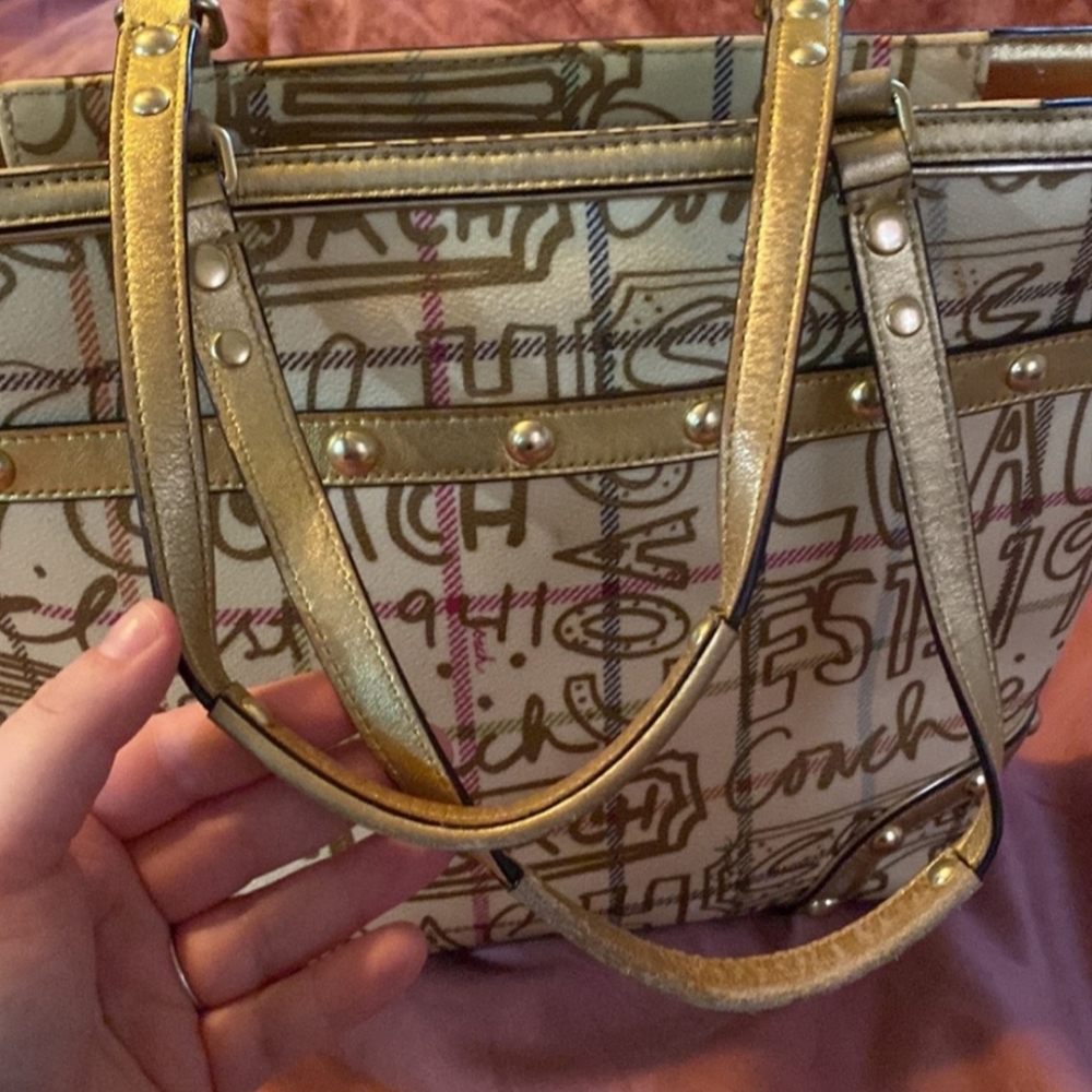 COACH Tattersall Graffiti 13188 Multi Gold Coated Canvas Tote Shoulder Bag Purse
